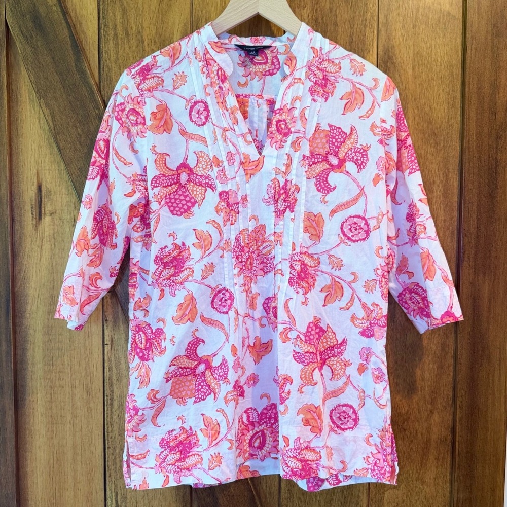 Lands End Bold Floral Tunic Blouse Womens XS Cotton 3/4 Sleeve Pintuck Top